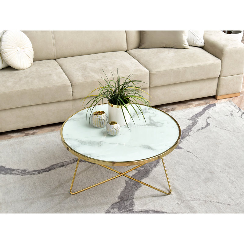 Ailynn Abstract Coffee Table, White Marble, Golden