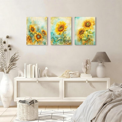 Sunflowers Vintage Yellow Flowers Wall Art 3-in-1 Pack, 16W x 12L, for Living Room Bedroom