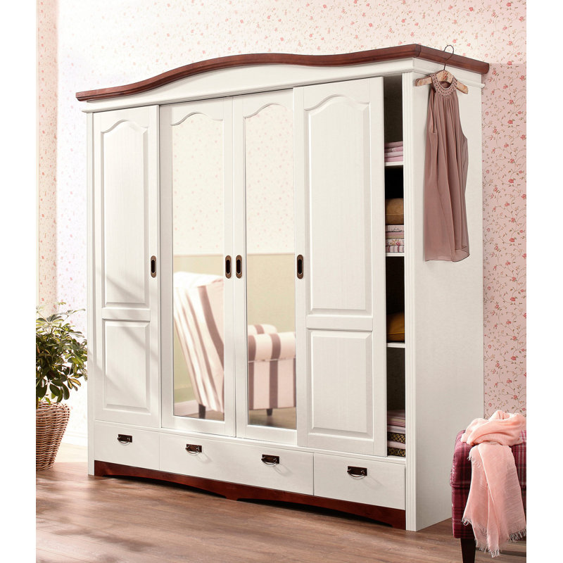 Doerun 4 Door Solid Wood Wardrobe, White/Cherry