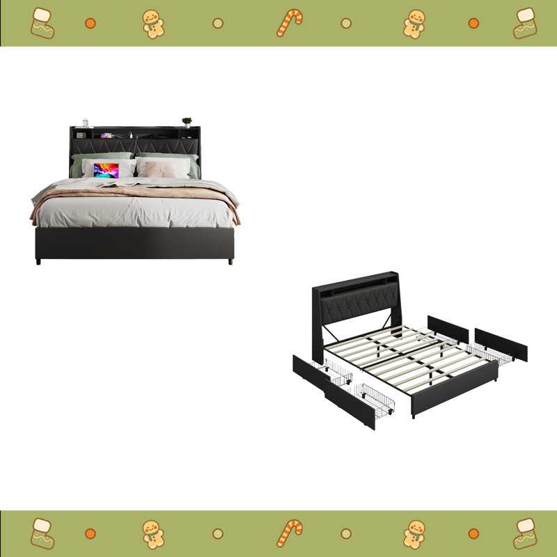Queen Bed Frame With Ergonomic Headboard, Platform Bed Frame Queen Size With Outlets & Charger, Metal Bed Frame Queen Size With Storage Shelf, Noise-Free, No Box Spring Needed