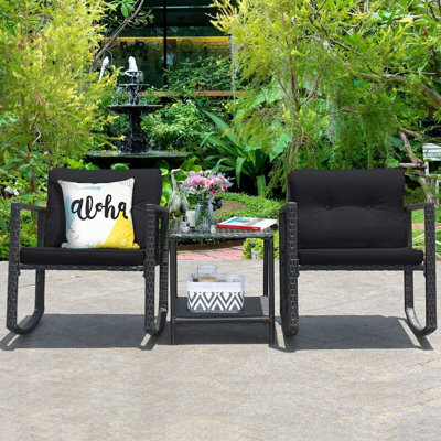 3 Pcs Outdoor Rocking Bistro Set PE Rattan Rocking Chair Set W/Cushion