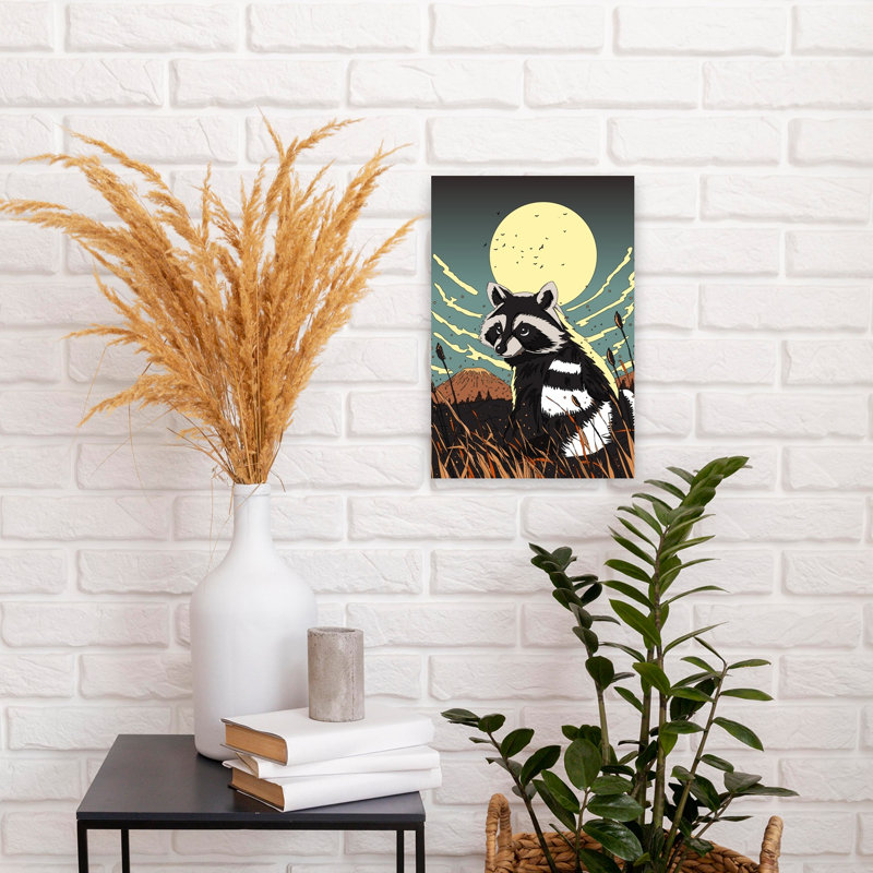 Raccoon Under Moonlight Abstract Contemporary Bird Forest Landscape Wall Art Print by Nicholas - Wrapped Canvas Print