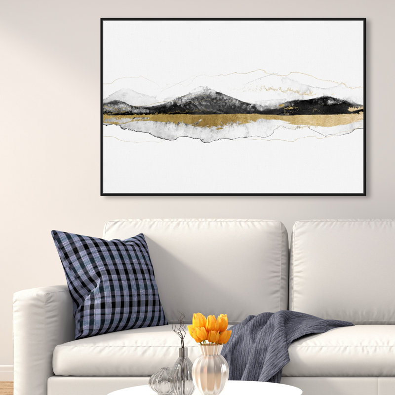 " Abstract Behind These Mountains, Modern & Contemporary White ", Black Framed, 30" H x 45" W x 1.5" D