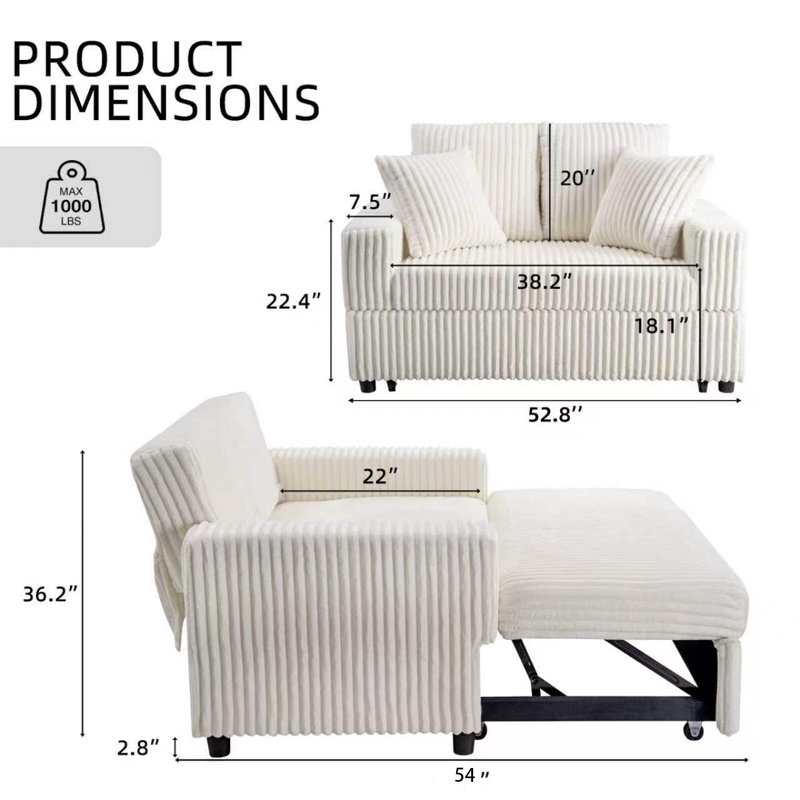52.8 Inch 3 In 1 Pull-Out Sofa Bed,Corduroy Reclining Sleeper Sofa,Convertible Loveseat, Beige