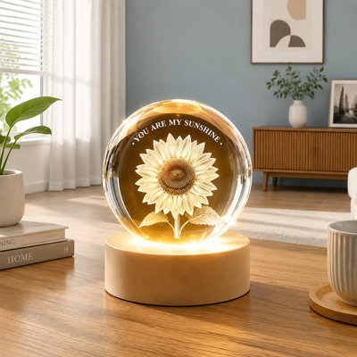 60mm Sunflower Crystal-Ball Lamp with Wooden Base, 3D Laser-Engraved Decorative Paperweight for Home Decor; Birthday, Friendship and Coworker Gift for Him, Her, Mom, Girlfriend, Sister, Grandma or Wife