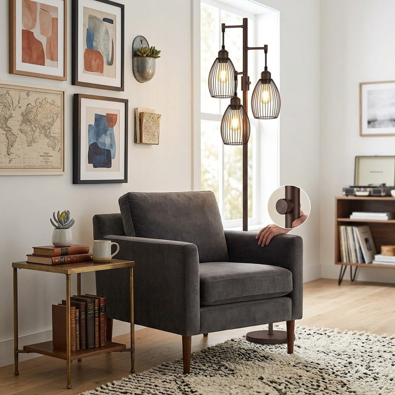 Lampe sur pied industrielle avec cage en forme de larme et 3 ampoules DEL incluses, Brun mat