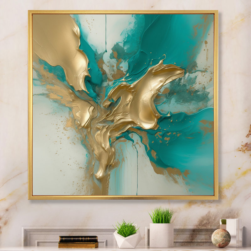Marbre doré et turquoise Fuild Ink II - impression abstraite sur toile marbrée, H 36 po x l 36 po x P 1,5 po