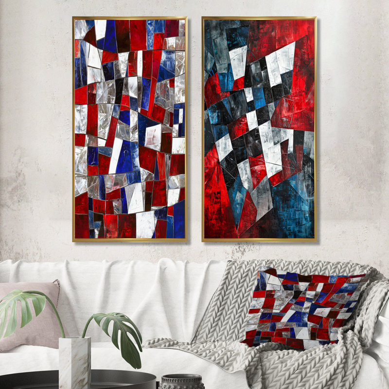 «Unity In Force USA Flag Fragments I», art mural mode 2 panneaux, H 28 po x l 25 po, Cadre flottant doré