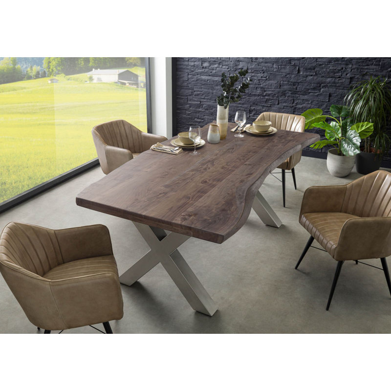Freeform Acacia Solid Wood Top Metal Base Dining Table, in Grey, 77cm H x 180cm L x 90cm W, Silver and black