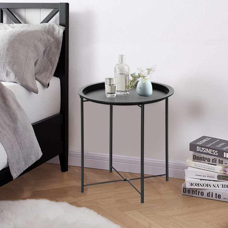 Small Round Side Table with Removable Tray, Folding Accent Table for Bedroom, Balcony, and Garden, Black