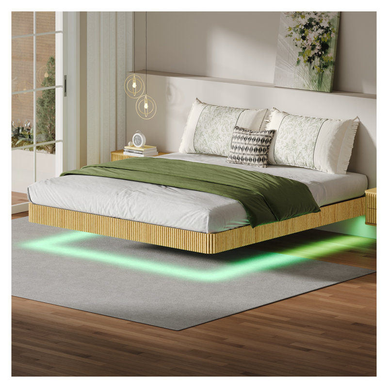 Cadre de lit flottant en chêne avec lumières DEL intelligentes et texture ondulée, lit plateforme à lattes métalliques robustes