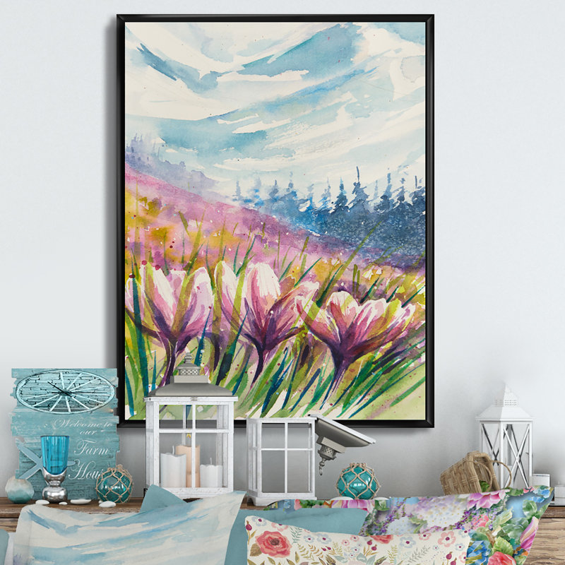 «Crocuses Meadow In Abstract Mountains», art mural traditionnel sur toile, H 36 po x l 24 po x P 1 po