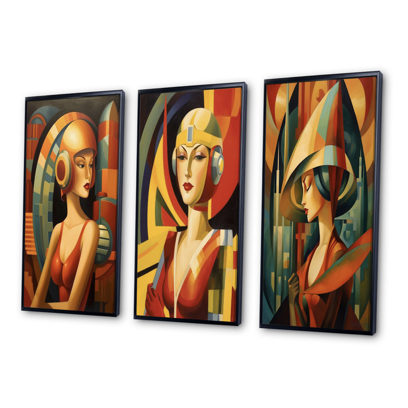 "Portrait épuré de femme art déco" - 3 pièces, Cadre flottant noir, H 36 po x l 20 po