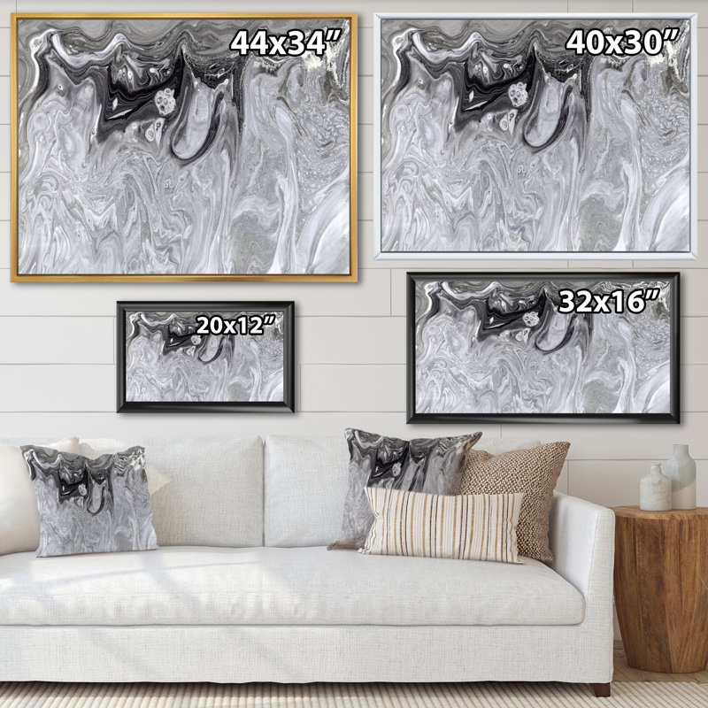 Gris abstrait liquide - peinture sur toile, Cadre flottant doré, H 16 po x l 32 po x P 1 po