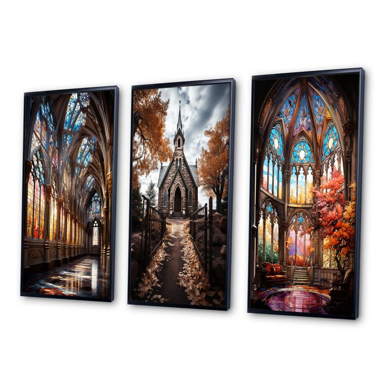 «Vitrail d'église», 3 pièces sur toile, Cadre noir, H 20 po x l 36 po
