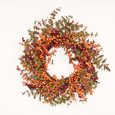 24" Artificial Farmhouse Blossom Cluster Berry Mini Eucalyptus Fall Autumn Wreath For Front Door Thanksgiving Day Harvest Decor