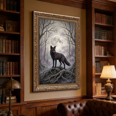 Art mural en toile noyer doré encadré pour salon, chambre à coucher, bureau ou vestibule - décoration murale décorative avec lune de loup