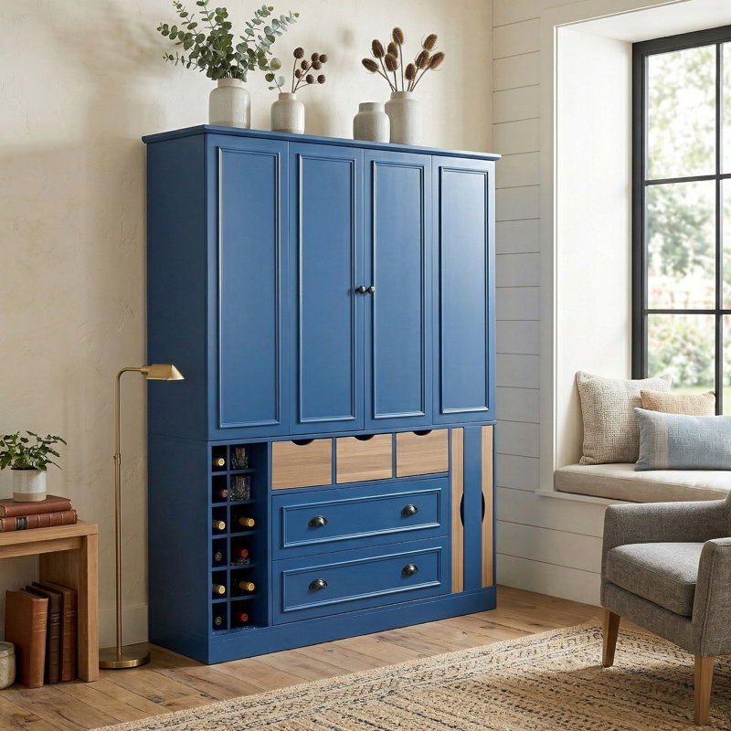 Garde-manger de 71 po de hauteur avec portes pliantes, garde-manger de style campagnard l 53 po avec tablette à micro-ondes et tablettes réglables