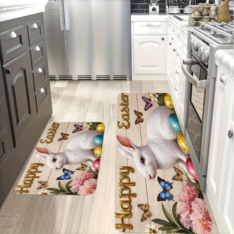 Ensemble de 2 tapis de cuisine avec lapin blanc et papillons