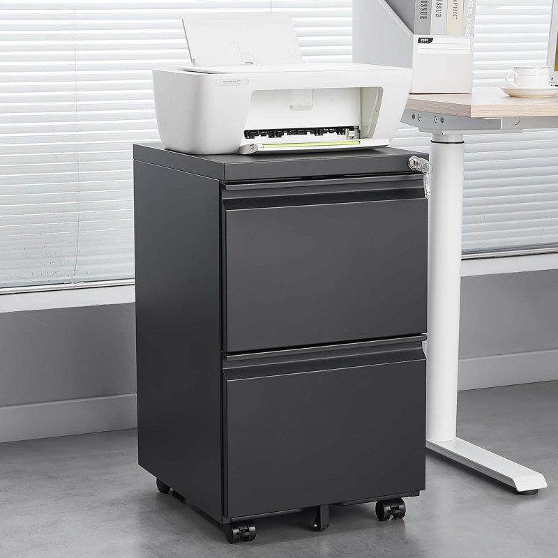 Classeur verrouillable à 2 tiroirs sur roulettes, chariot de rangement mobile en métal pour documents de format lettre / légal / A4, armoire à roulettes noire pour bureau à domicile