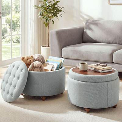 Pouf de rangement rond 2 en 1 capitonné avec pattes en bois massif, coussin capitonné et plateau en bois réversible