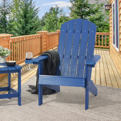 Patio Adirondack Single Chair w/Cupholder Outdoor Chair for Fire Pit, Polywood Plastic Weather-Resistant Recliner by Highland Dunes