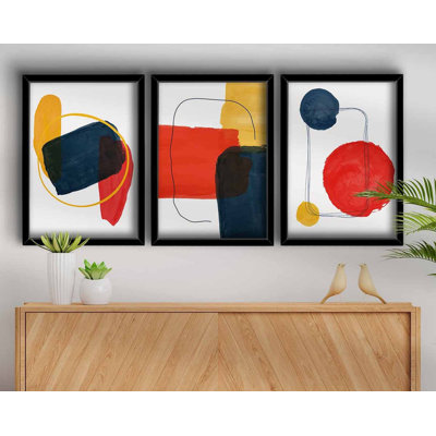Superbes peintures décoratives en panneau de fibres à densité moyenne (3 pièces), 15,0 x 21,0 pouces chacune | 100% panneau de fibres à densité moyenne (épaisseur: 0,1 po) et cadre 100% bois (épaisseur: 0,9 po) | Rouge vif, moutarde, bleu marine et blanc, parfait pour la décoration intérieure
