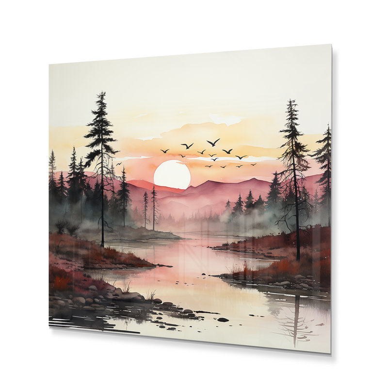 Coucher de soleil rose sur un lac - reproduction sans cadre sur métal, H 29 po x l 29 po x P 1 po