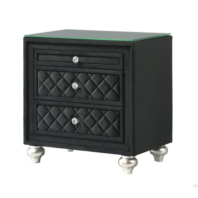 1Pc 3-Drawer Nightstand Velvet Tufted Drawer Front