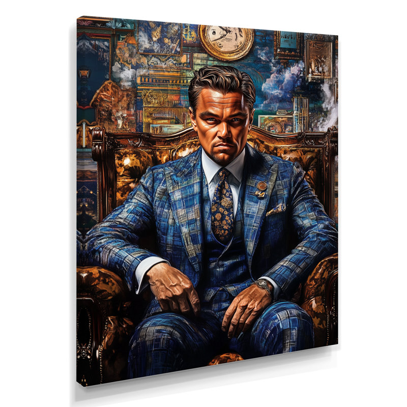 Bleu bleu, or, lion, Leo Dicaprio, loup de Wall Street - mode, art mural, salon, Toile tendue, H 32 po x l 16 po