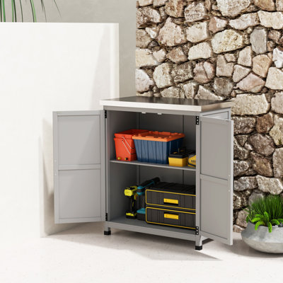 Outdoor Storage Cabinet, Wooden Tool Storage Box with Metal Tabletop and Shelf, Potting Bench Table with Double Doors for Patio, Garden, Backyard, Gray