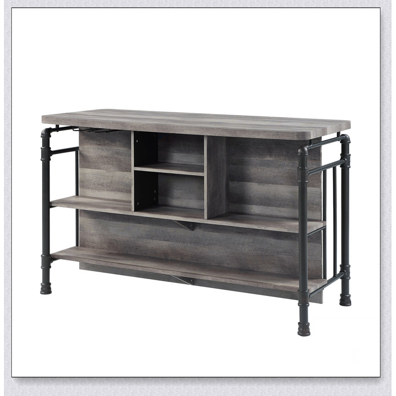 Îlot de cuisine à 5 tablettes en chêne antique et sable avec plateau de table robuste et pieds en métal pour le rangement et la durabilité