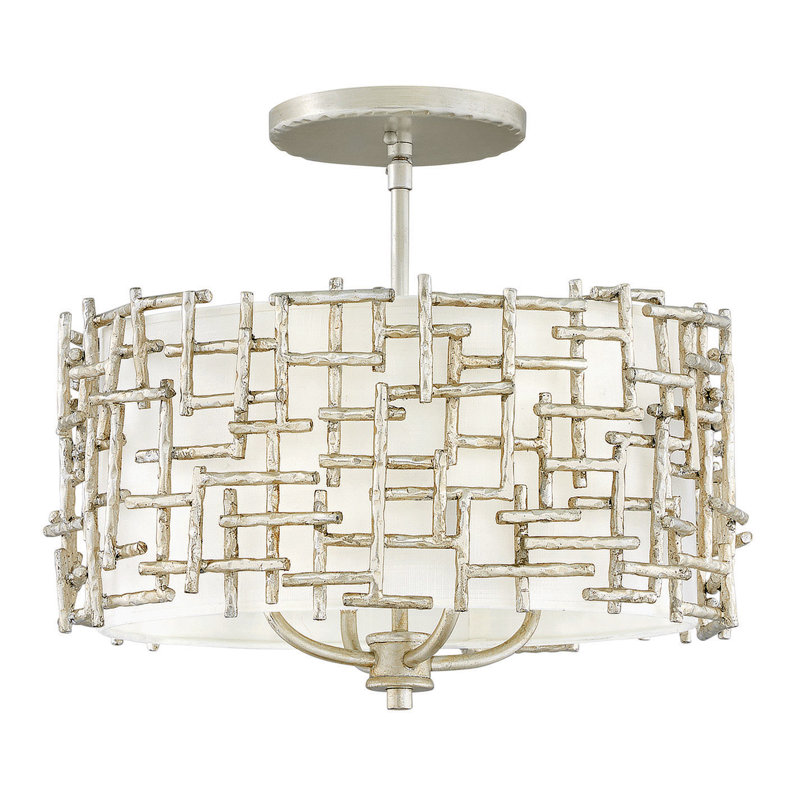 Farrah Silver Leaf 4-Light Drum Pendant with White Linen Shade