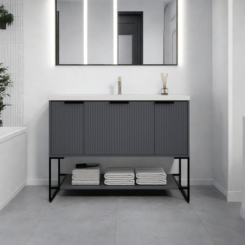 Pritha 48" Wood Slatted Freestanding Vanity with Resin Sink and Metal Frame - Modern Bathroom Storage Solution, Rock Gray