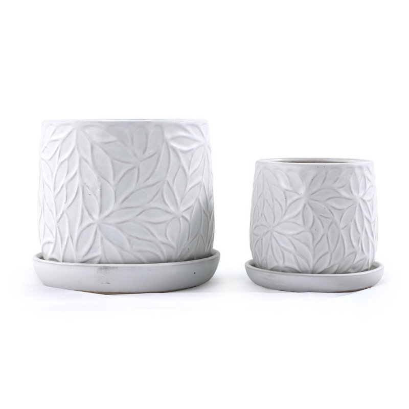 Ensemble de 2 pots à fleurs blanc brillant avec motifs floraux