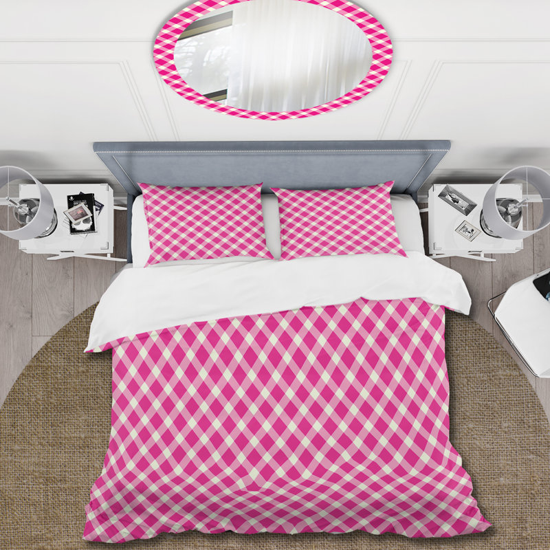 Ensemble de housse de couette Pink Houndstooth Charm II - Traditional, Housse de couette pour grand lit et 2 taies décor