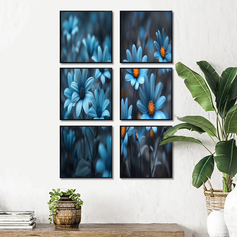 «Foggy», ensemble de 6 marguerites monochromes bleues et grises, Impression encadrée sans passe-partout, Noir