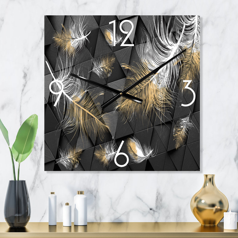 Horloge murale moderne plumes blanches et dorées sur fond triangulaire, Petit
