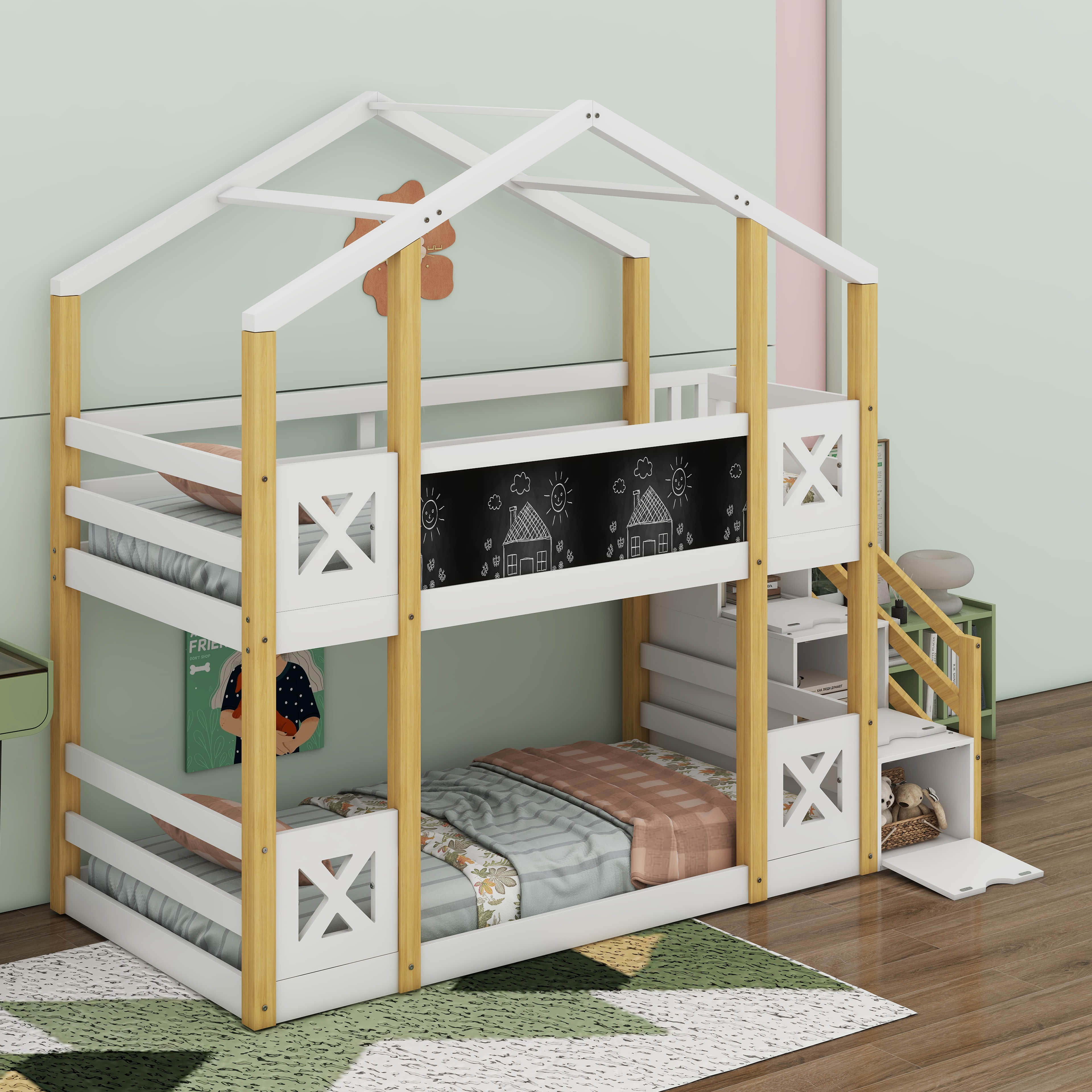 Harper Orchard Arayia Twin Over Twin House Bunk Bed With Blackboards ...
