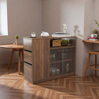 Kitchen Sideboard, Small Countertop Organizer, Tabletop Cabinet With 2 Glass Sliding Door,3 Side Drawers & 1 Small Display Shelves, Counter Cabinet For Kitchen, Living Room