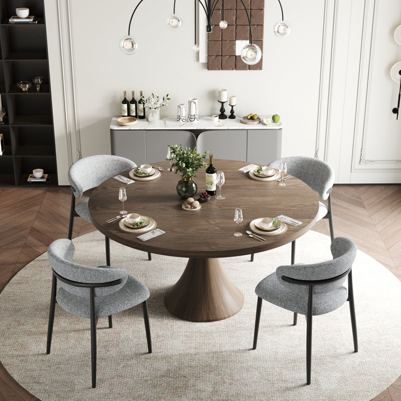 Ensemble de salle à manger à piédestal moderne en bois massif avec chaises rembourrées en tissu gris