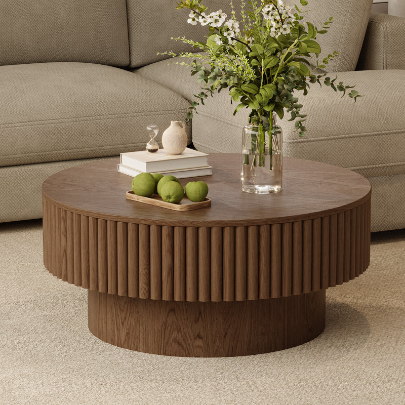 Round Drum Coffee Table with Storage, Walnut, 14" H x 31.5" W x 31.5" D