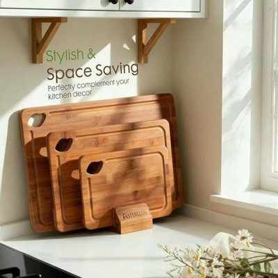 Double-Sided Bamboo Cutting Board With Storage Rack, Carbonized Kitchen Chopping Block, Juice Groove, Meat Prep Handle