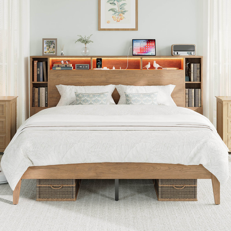 Aeterna Wooden Queen Size Bed Frame With Storage Headboard,  No Box Spring Needed, Natural Wood Color
