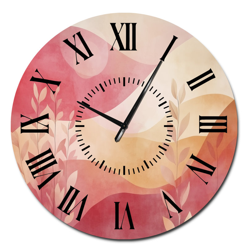 Horloge murale moderne surdimensionnée en métal, motif paysage abstrait de feuilles roses, Surdimensionné