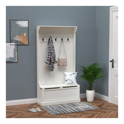 3-In-1 Entryway Hall Tree with Storage Bench, Coat Rack with Four Hooks and Shoe Storage
