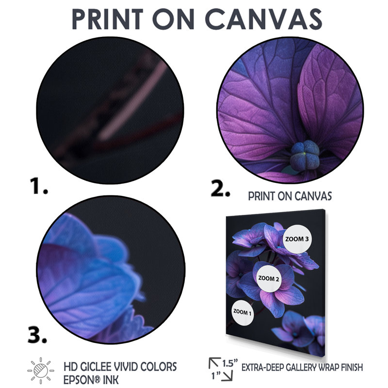 Beauté éthérée, hortensia bleu mauve, photo I - décoration murale hortensia, Cadre flottant doré, H 34 po x l 44 po