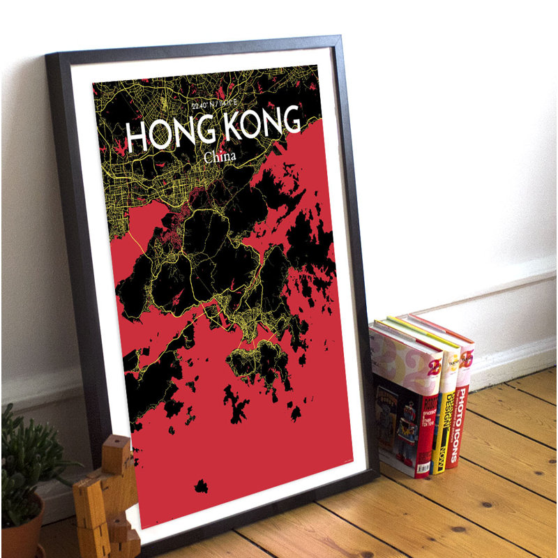 Hong Kong City Map - Unframed Graphic Art Print on Paper, 43.2cm H x 27.9cm W x 0.13cm D, Yellow/Black