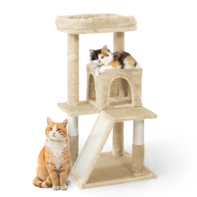 Tour pour chats pour chats d'intérieur, petit arbre à chat de 37 pouces avec perchoir élargi pour les grands chats et les chatons, arbre d'activité pour chats à plusieurs niveaux avec poteaux à griffes et rampe, beige