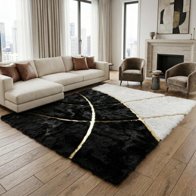 Tapis noir moelleux, tapis Art déco géométrique doré